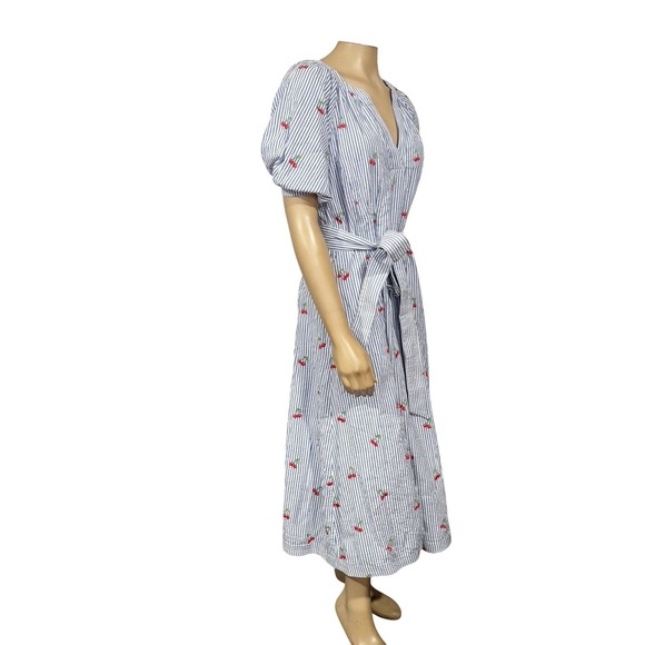 Boden Bria Embroidered Seersucker Cherry Embroidered Midi Dress V-Neck Pockets - Picture 10 of 11
